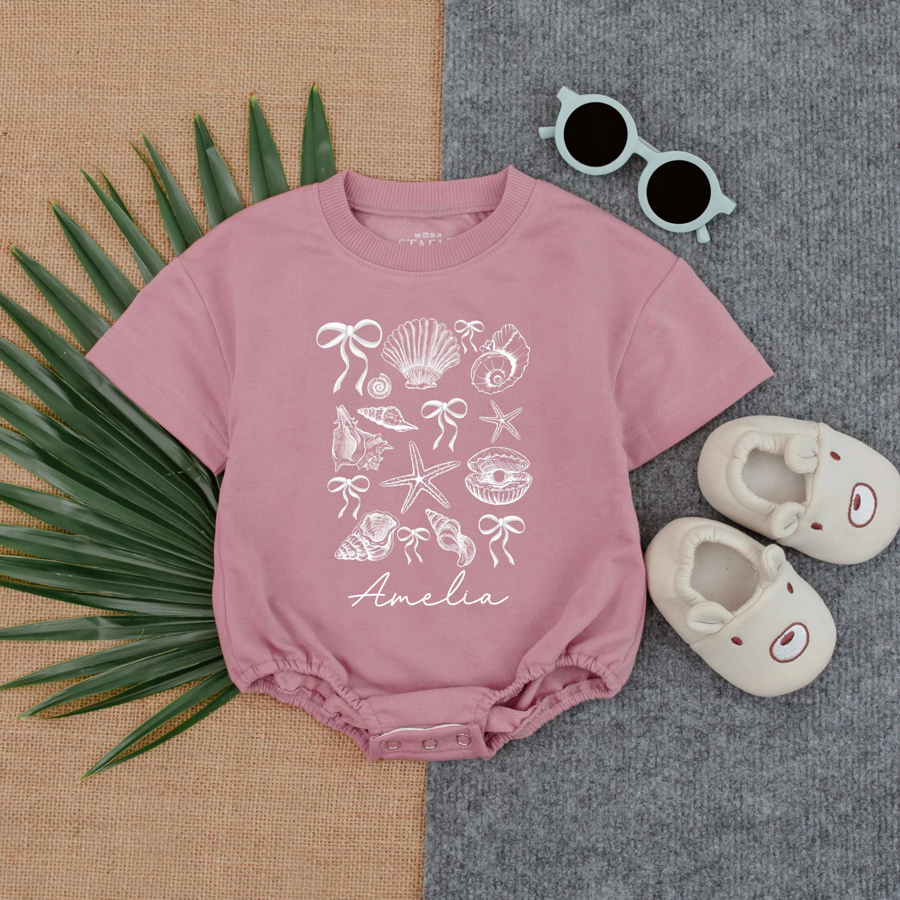 Personalized Amelia Ocean-Themed Baby Romper Soft Cotton Beachy Infant Outfit Seaside Summer Vacation Wear with Seashell Starfish Design