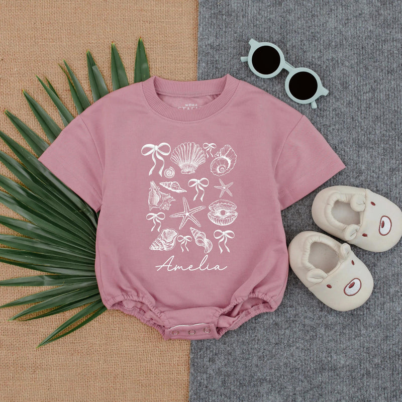 Personalized Seashell Baby Romper with Name, Short Sleeve Ocean-Themed Bodysuit for Summer, Soft Cotton Beach Outfit for Babies and Toddlers