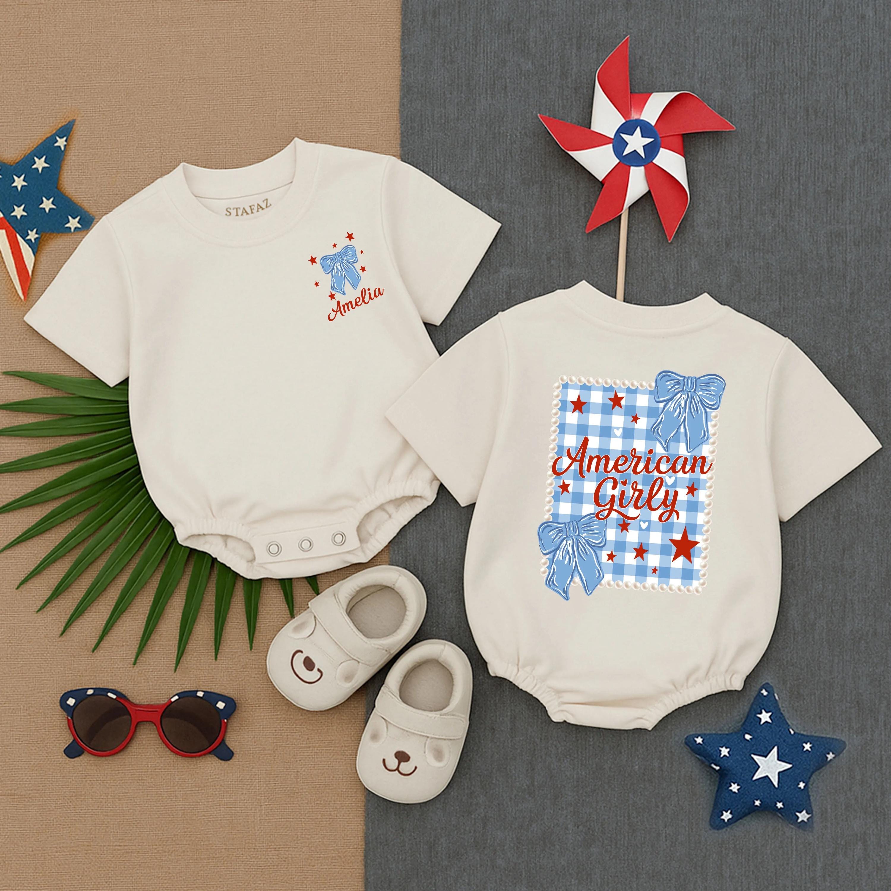 Personalized American Girly Bow Romper Baby Girl 4th of July Outfit Soft Independence Day Celebration Red Blue Design Comfortable Gift
