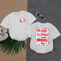 She Loves Jesus and America Too Romper Patriotic Baby Girl Outfit USA Christian Summer Clothes Short Sleeve Infant Birthday Gift