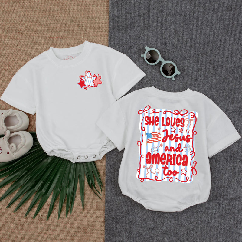 She Loves Jesus and America Too Romper Patriotic Baby Girl Outfit USA Christian Summer Clothes Short Sleeve Infant Birthday Gift