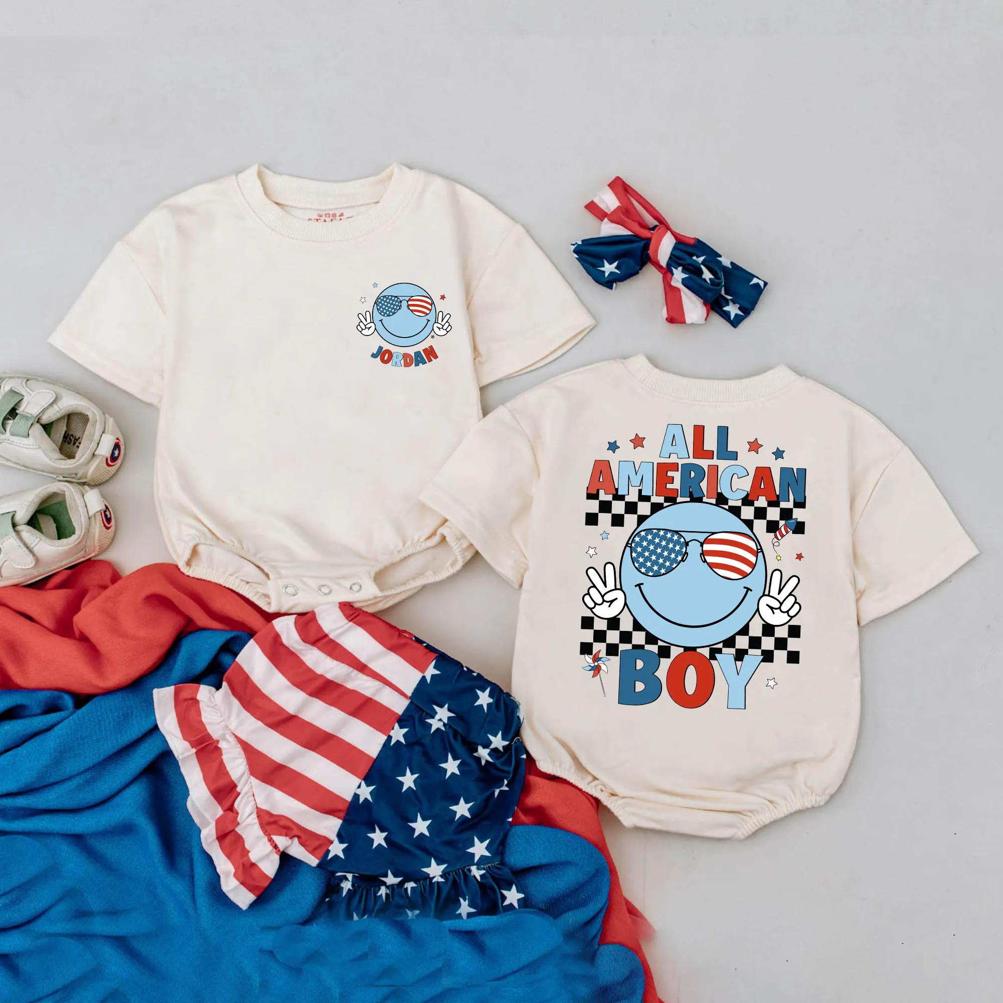 Personalized All American Boy Romper Custom 4th of July Baby Outfit Retro Smiley Face USA Patriotic Stars and Sunglasses Summer Clothes