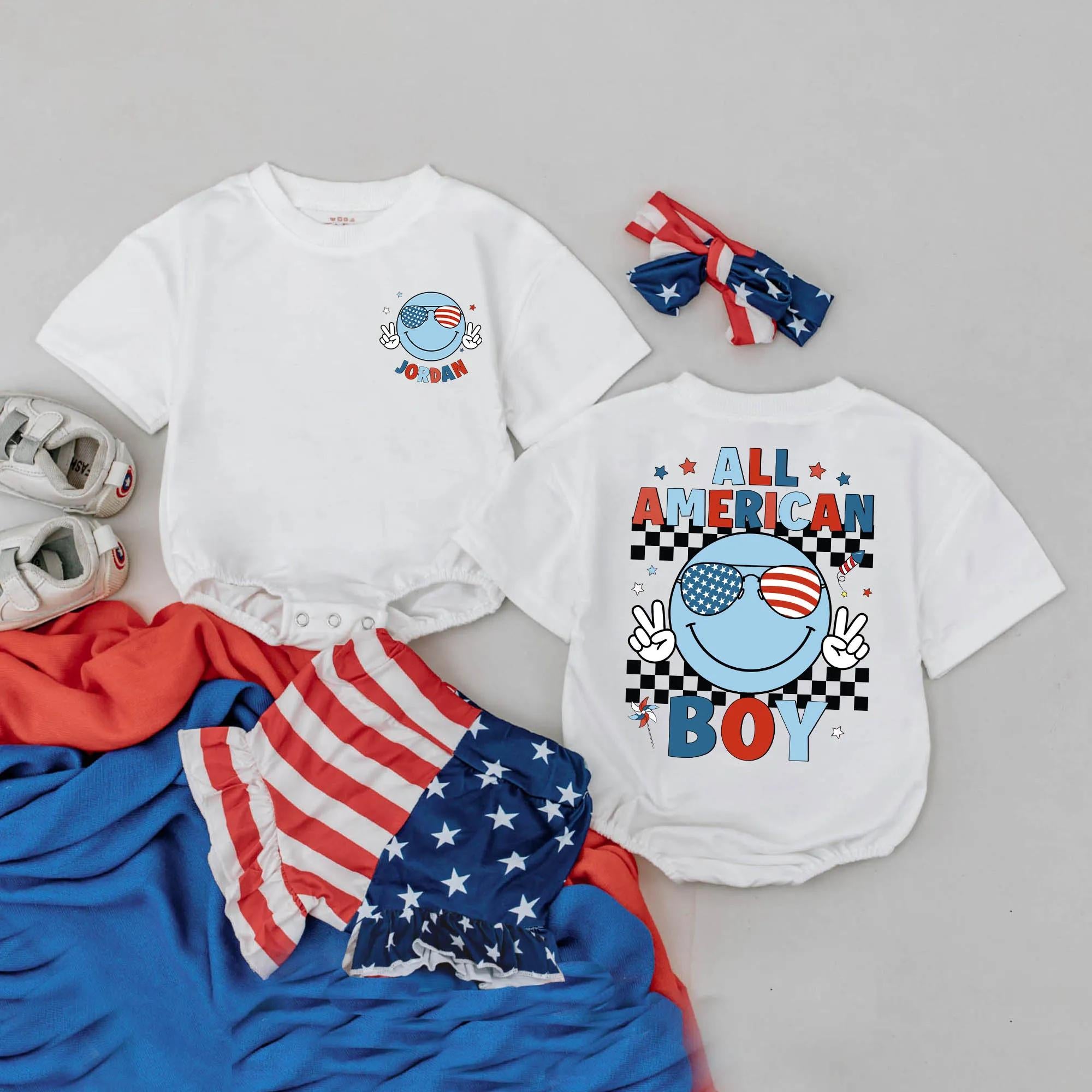 Personalized All American Boy Romper Custom 4th of July Baby Outfit Retro Smiley Face USA Patriotic Stars and Sunglasses Summer Clothes