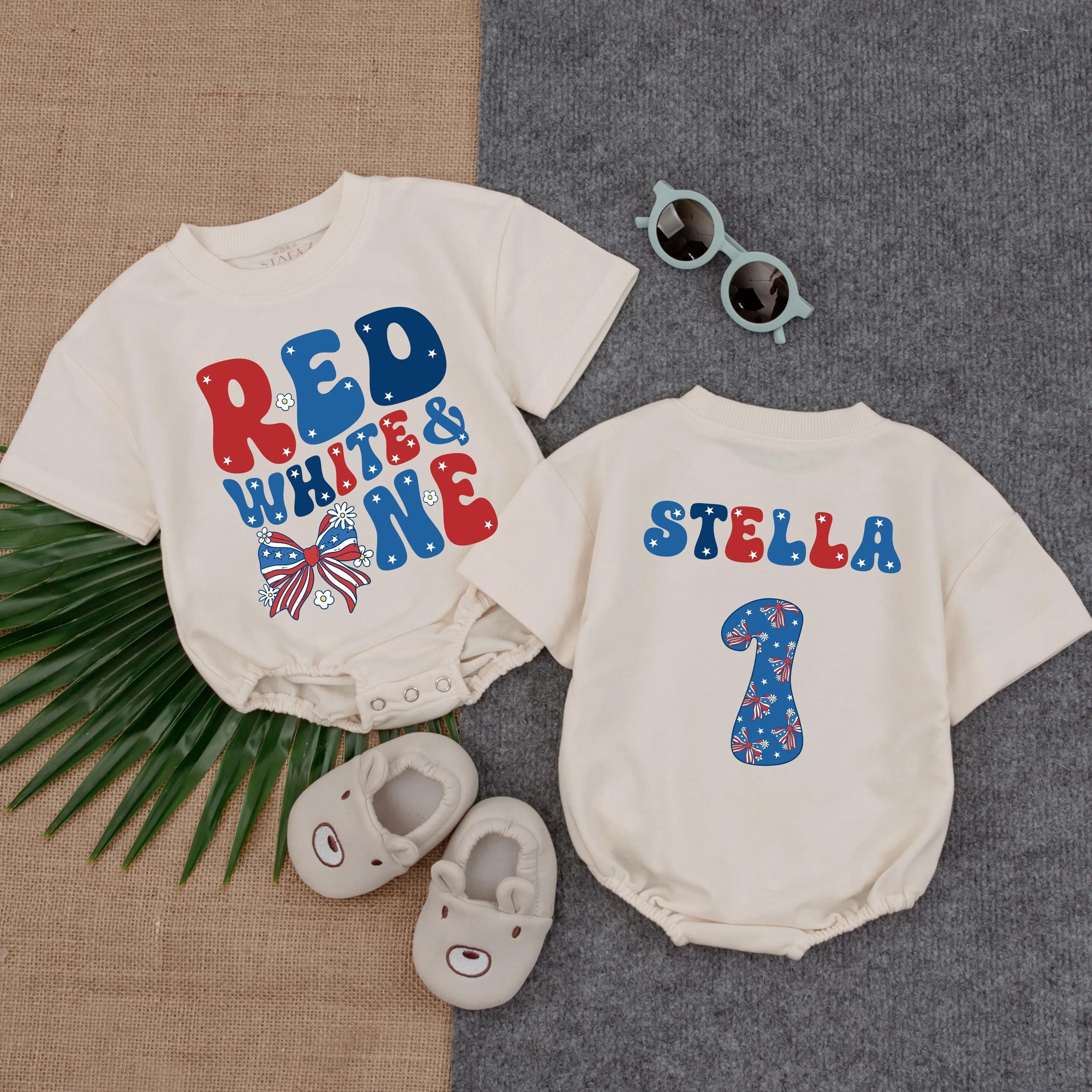 Custom Baby Girl Birthday Romper Red White One Design Stella 1st Party Outfit Soft Cotton Summer Gift July 4th Infant Clothes