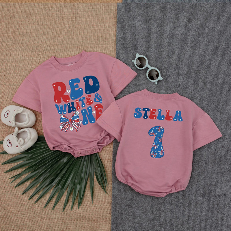 Custom Baby Girl Birthday Romper Red White One Design Stella 1st Party Outfit Soft Cotton Summer Gift July 4th Infant Clothes