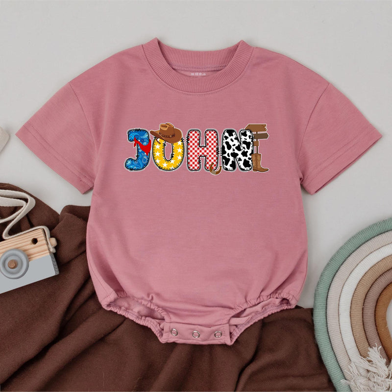 Personalized Cowboy Romper with Retro Western Patterns Fun First Birthday Outfit for Baby Boys Comfortable Cotton Playful Design