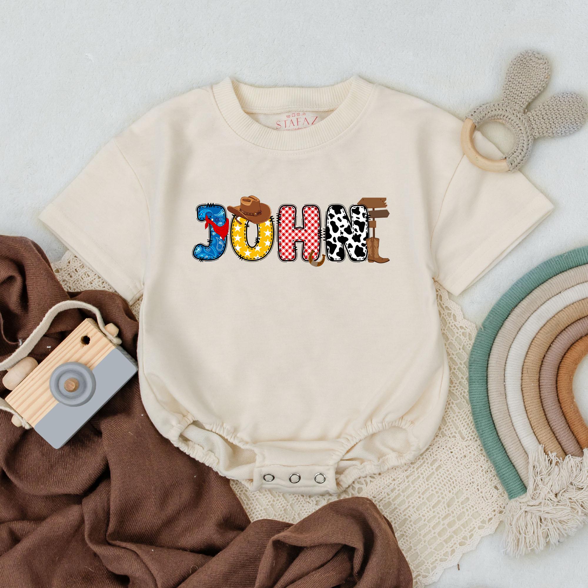 Personalized Cowboy Romper with Retro Western Patterns Fun First Birthday Outfit for Baby Boys Comfortable Cotton Playful Design