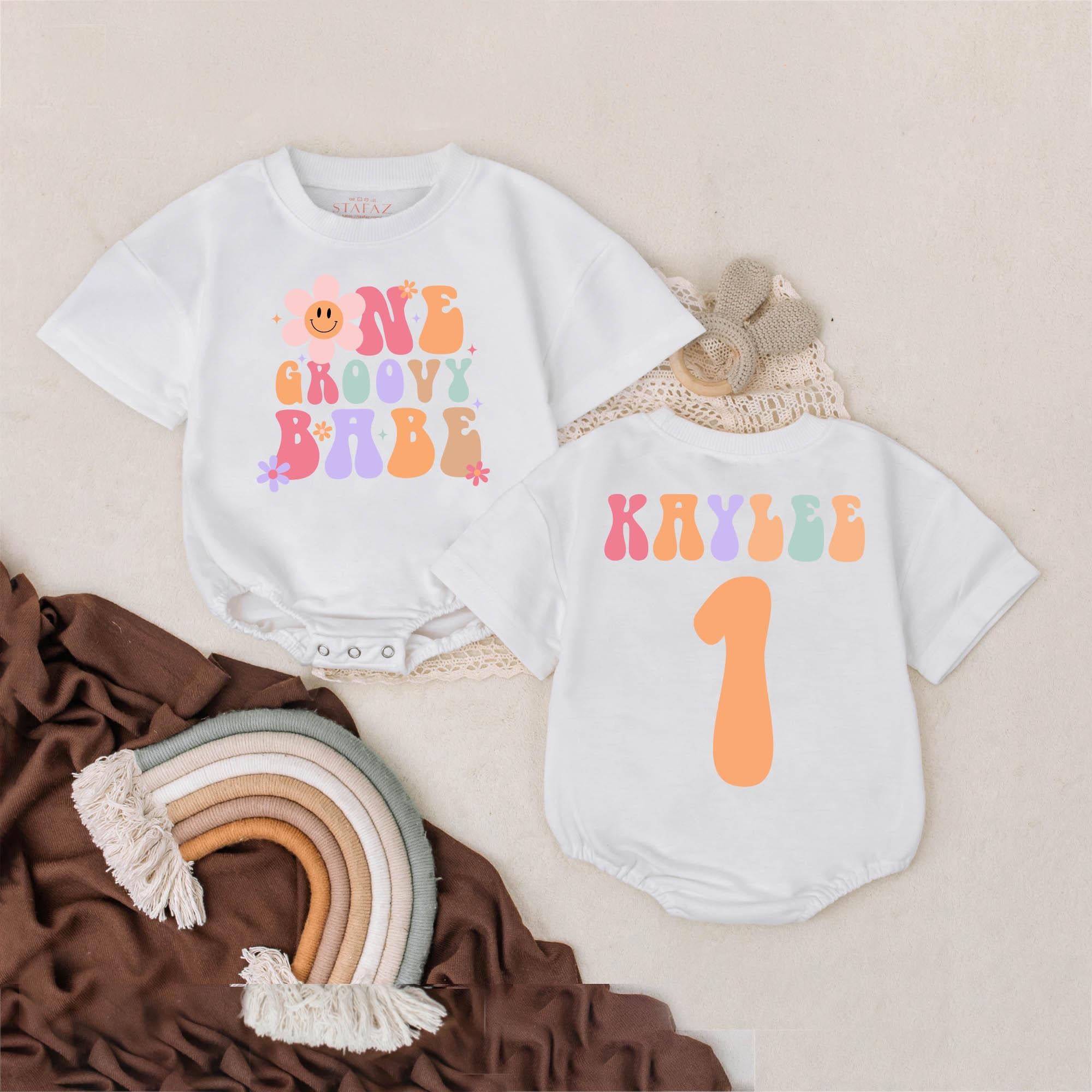Personalized One Groovy Babe Birthday Romper Retro 70s Baby Girl Outfit First Birthday Custom Gift Colorful Flowers and Smiley 130 Characters