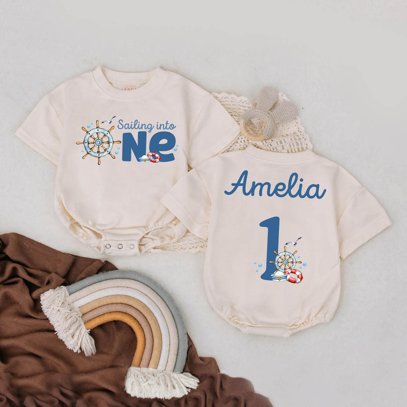 Custom Sailing Into ONE Romper Baby Birthday Outfit Beach Ocean Theme Personalized Amelia's 1st Celebration Nautical Gift