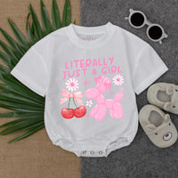 Literally Just A Girl Long Sleeve Bubble Romper with Pink Balloon Animals for Baby Girl Cute Toddler Outfit Fun Fall Style Gift