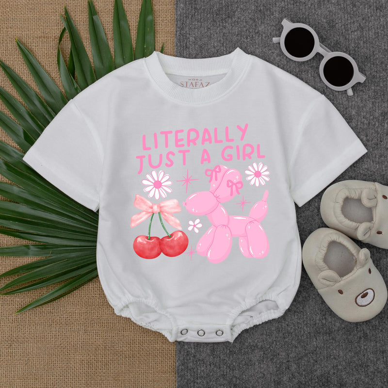 Literally Just A Girl Long Sleeve Bubble Romper with Pink Balloon Animals for Baby Girl Cute Toddler Outfit Fun Fall Style Gift