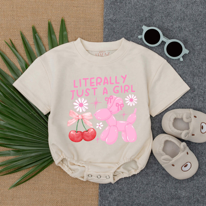 Literally Just A Girl Long Sleeve Bubble Romper with Pink Balloon Animals for Baby Girl Cute Toddler Outfit Fun Fall Style Gift