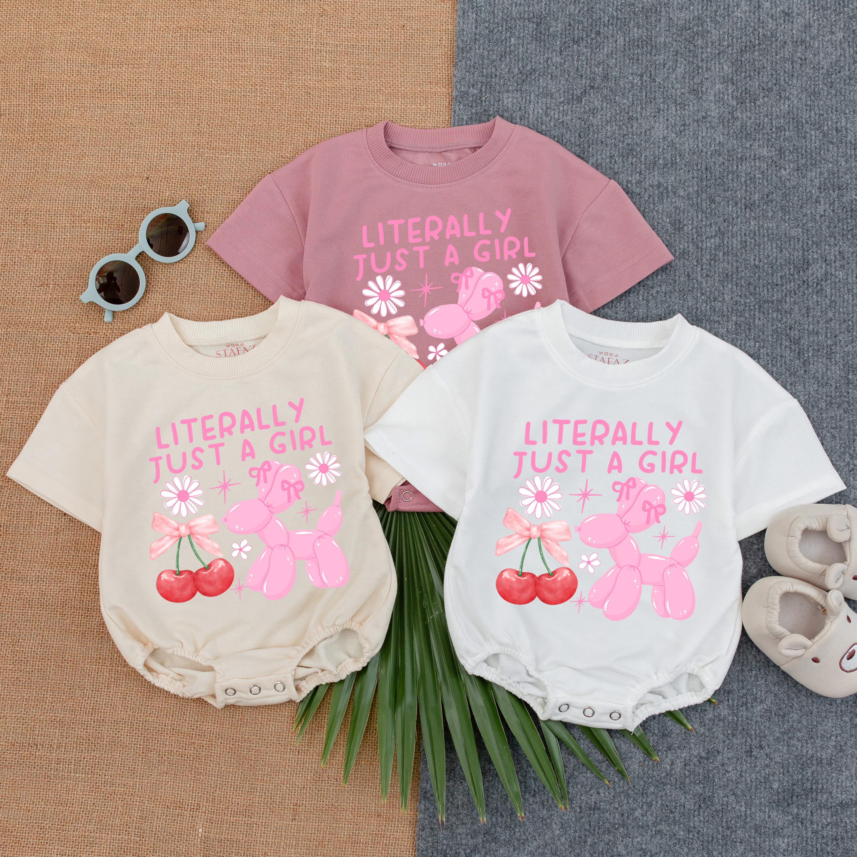 Literally Just A Girl Long Sleeve Bubble Romper with Pink Balloon Animals for Baby Girl Cute Toddler Outfit Fun Fall Style Gift