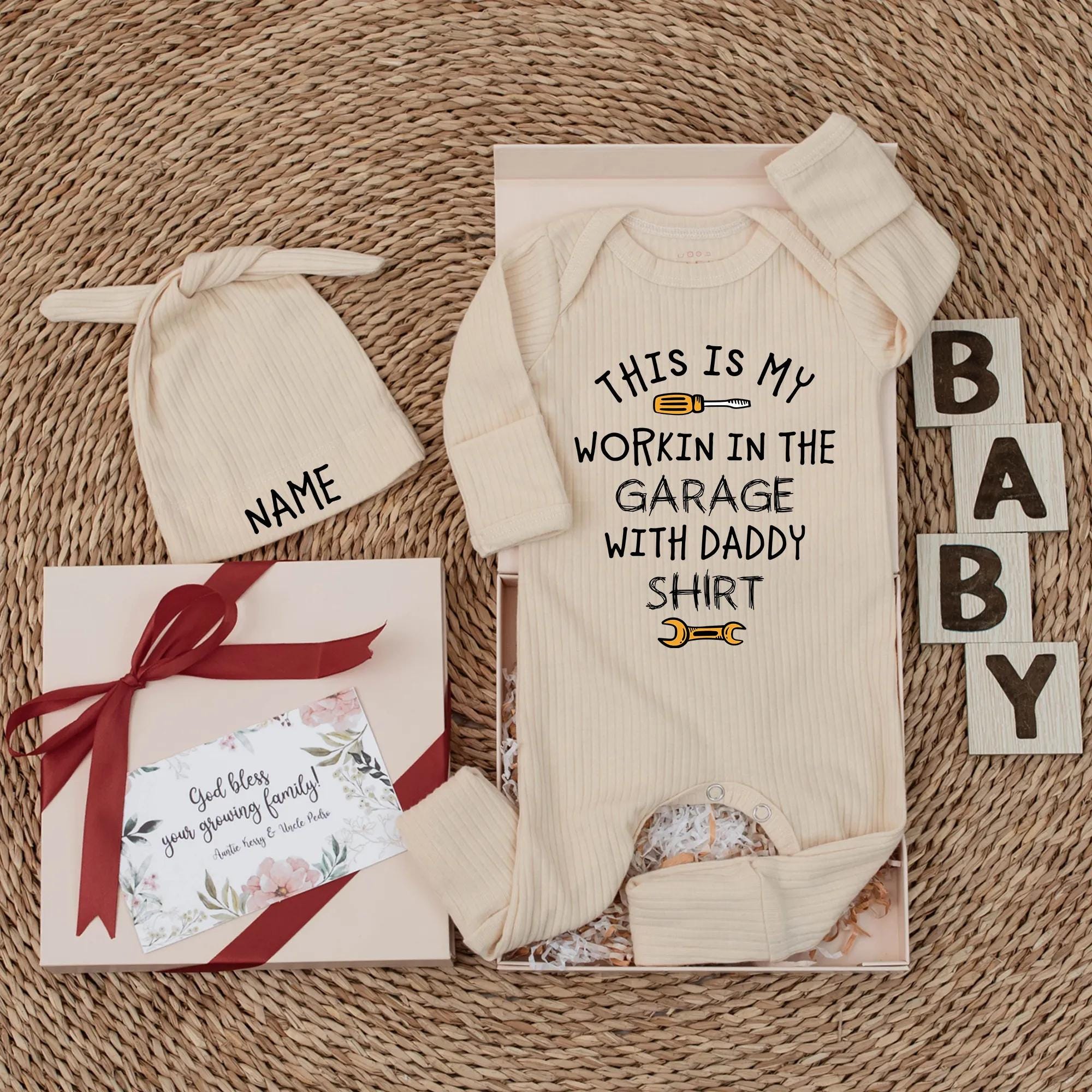Workin in the Garage with Daddy Baby Bodysuit Funny Newborn Outfit Cute New Dad Gift Yellow Tools Black Font Baby Shower Present