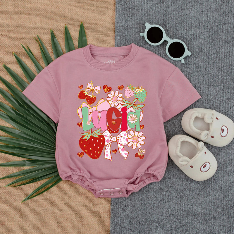 Personalized Lucia Baby Romper with Playful Strawberries and Flowers Design Infant Girl Gift Idea Cotton Comfort Bow Details