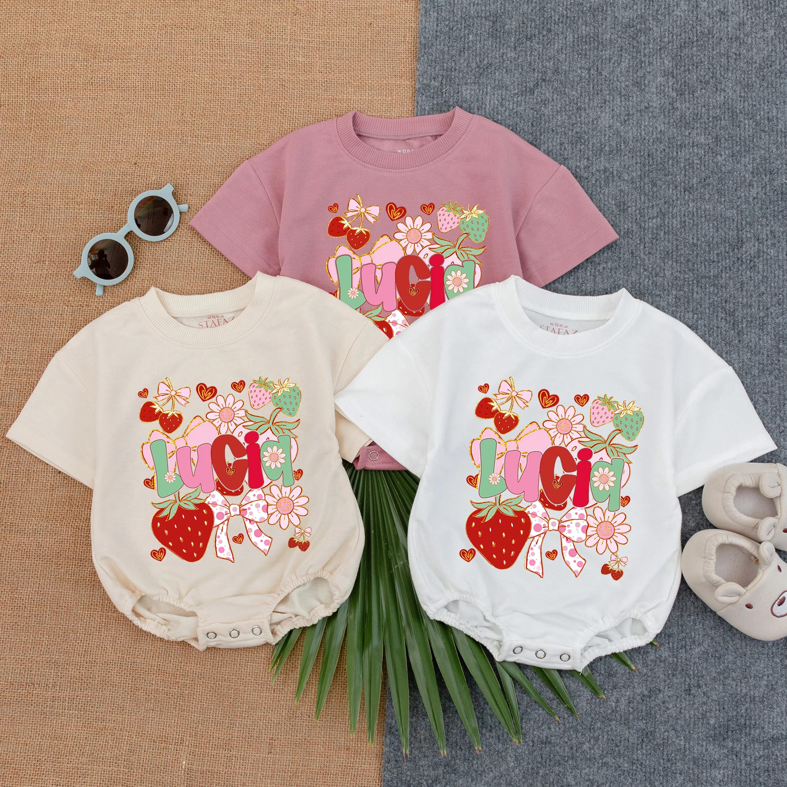 Personalized Lucia Baby Romper with Playful Strawberries and Flowers Design Infant Girl Gift Idea Cotton Comfort Bow Details