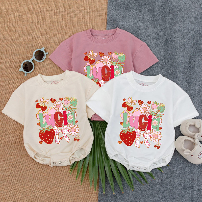 Personalized Lucia Baby Romper with Playful Strawberries and Flowers Design Infant Girl Gift Idea Cotton Comfort Bow Details