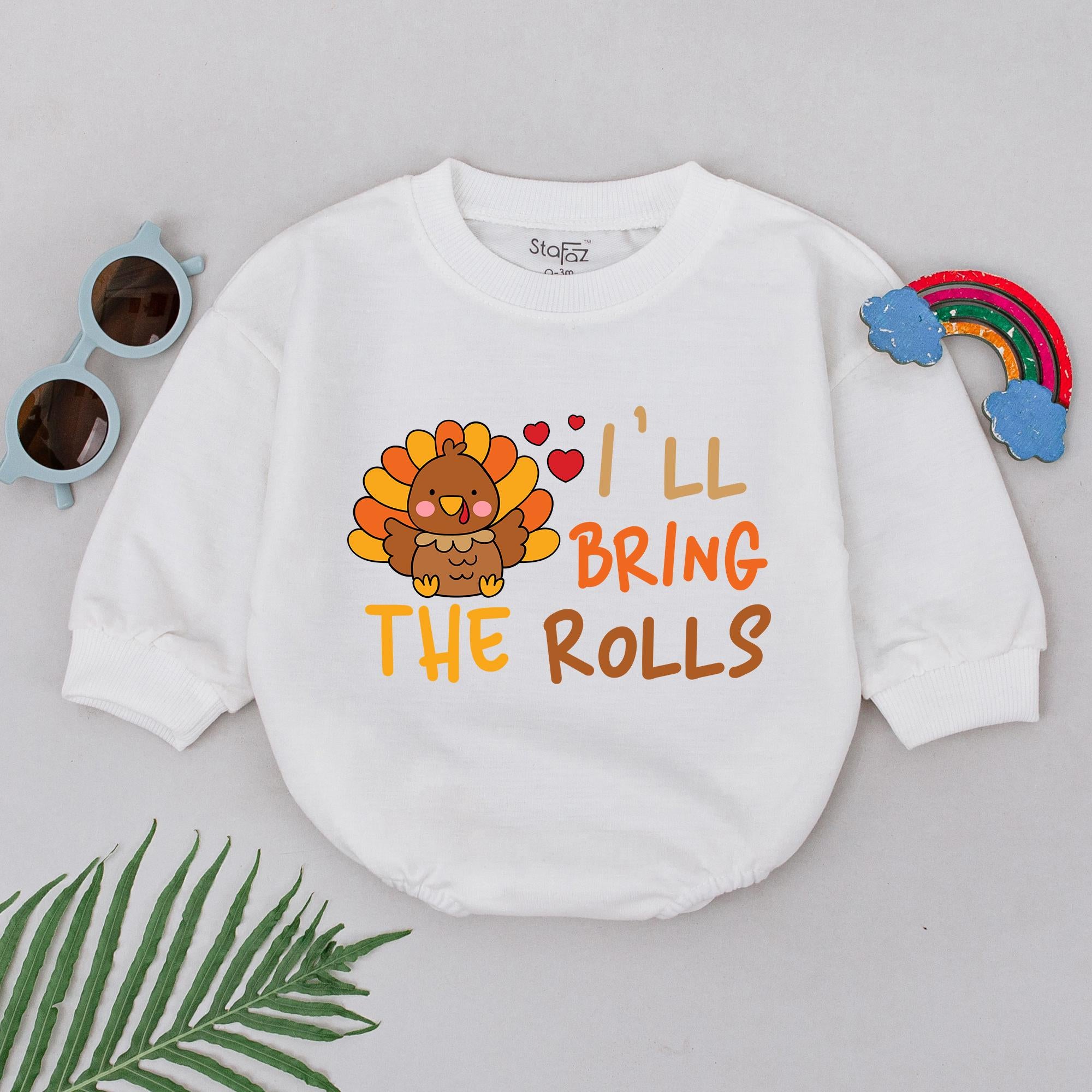 I'll Bring The Rolls Baby Thanksgiving Romper with Cute Turkey Design Infant Outfit Soft Cotton for Fall Celebrations and Gifts