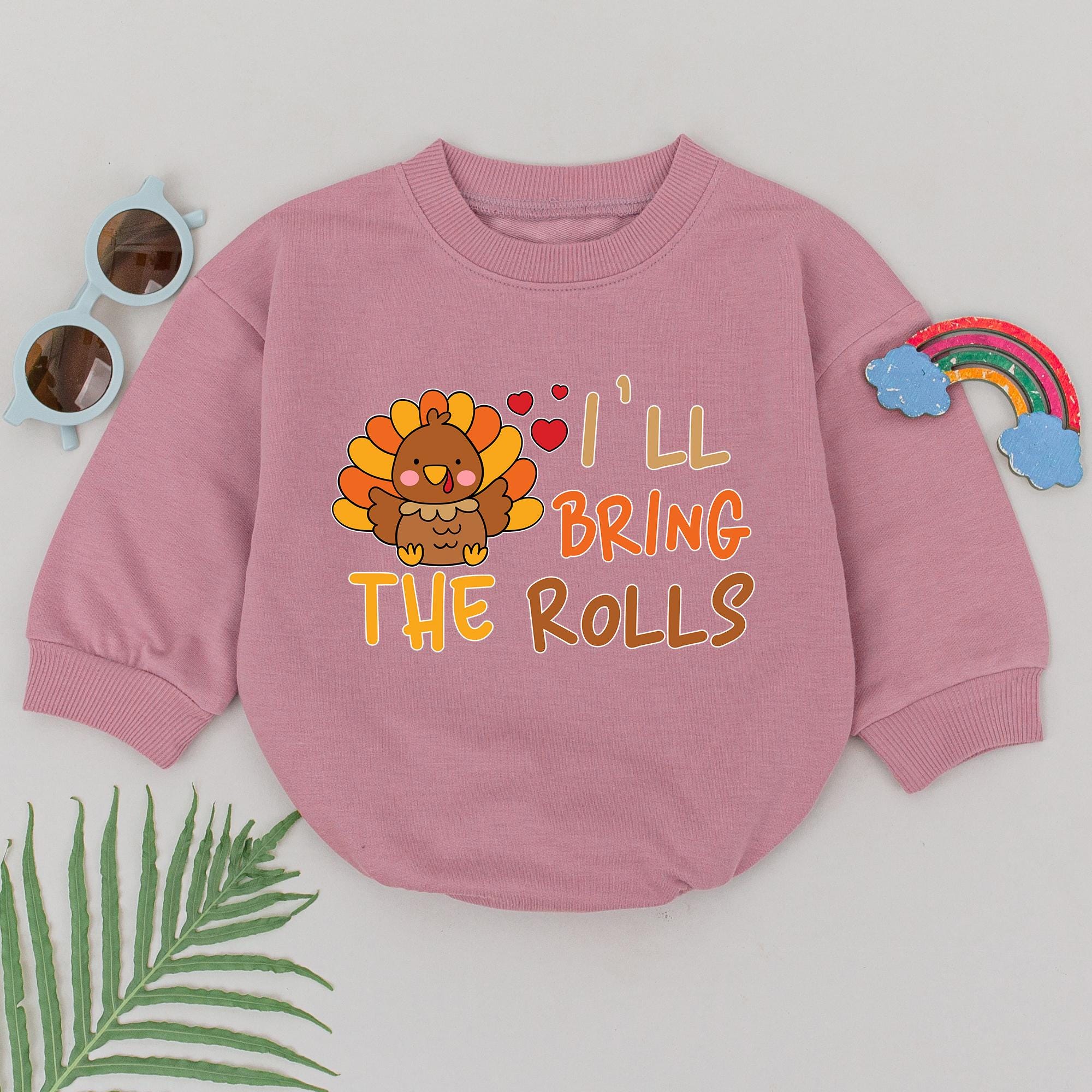I'll Bring The Rolls Baby Thanksgiving Romper with Cute Turkey Design Infant Outfit Soft Cotton for Fall Celebrations and Gifts