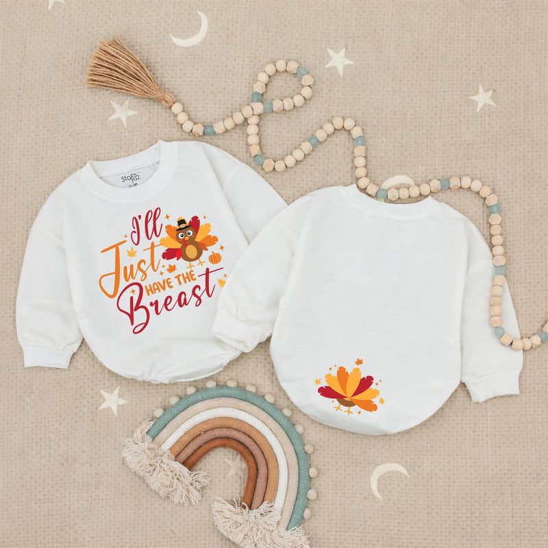 I'll Just Have The Breast Thanksgiving Baby Romper with Cartoon Turkey Newborn Outfit My First Turkey Day Cute Fall Design