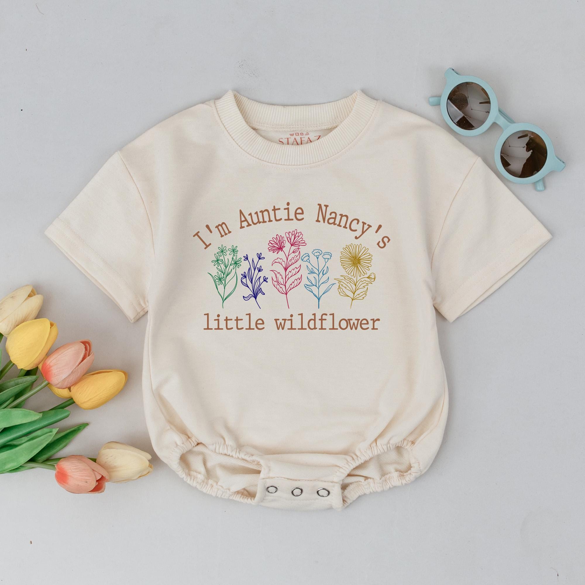 I'm Auntie Nancy's Little Wildflower Baby Girl Romper with Custom Name, Boho Floral Infant Outfit, Baby Shower Gift for Niece
