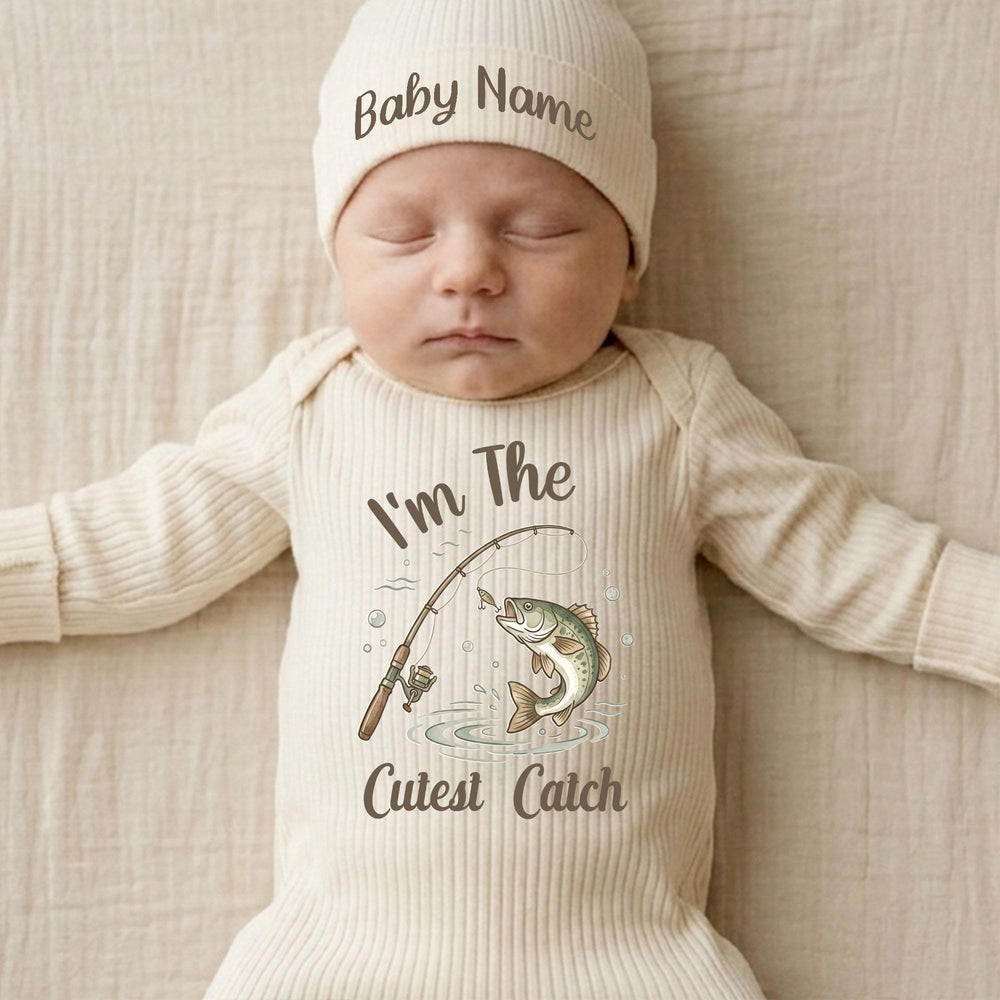 I'm The Cutest Catch Personalized Newborn Fishing Romper and Hat Set Baby Boy or Girl Outfit with Custom Name Rustic Hospital Gift