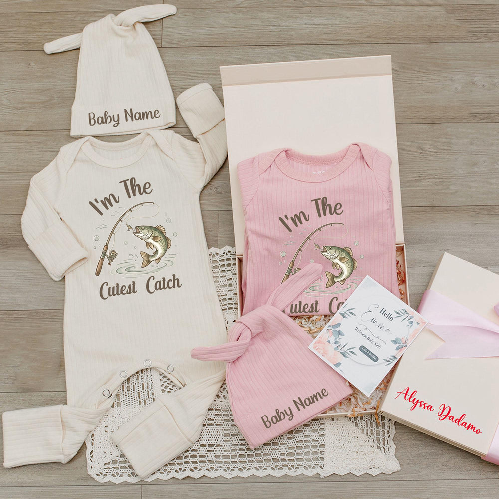 I'm The Cutest Catch Personalized Newborn Fishing Romper and Hat Set Baby Boy or Girl Outfit with Custom Name Rustic Hospital Gift