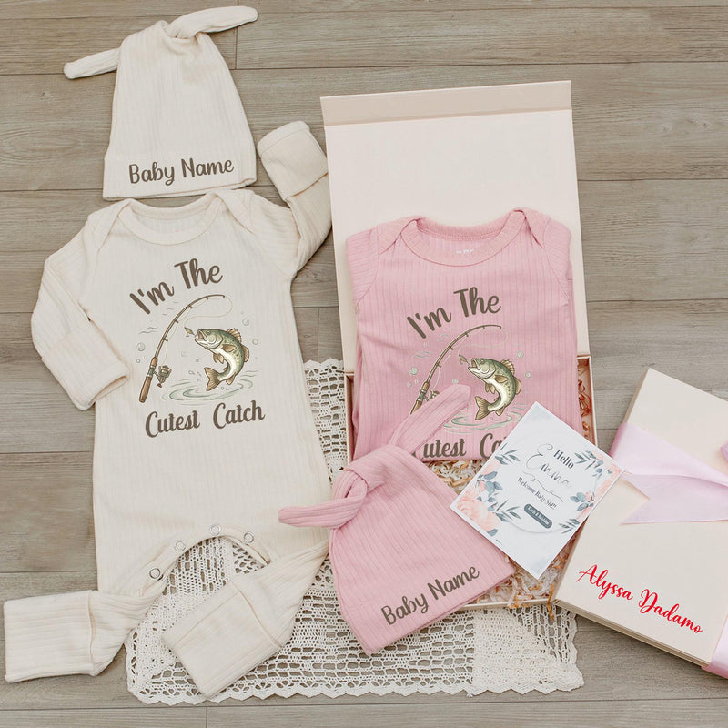 I'm The Cutest Catch Personalized Newborn Fishing Romper and Hat Set Baby Boy or Girl Outfit with Custom Name Rustic Hospital Gift