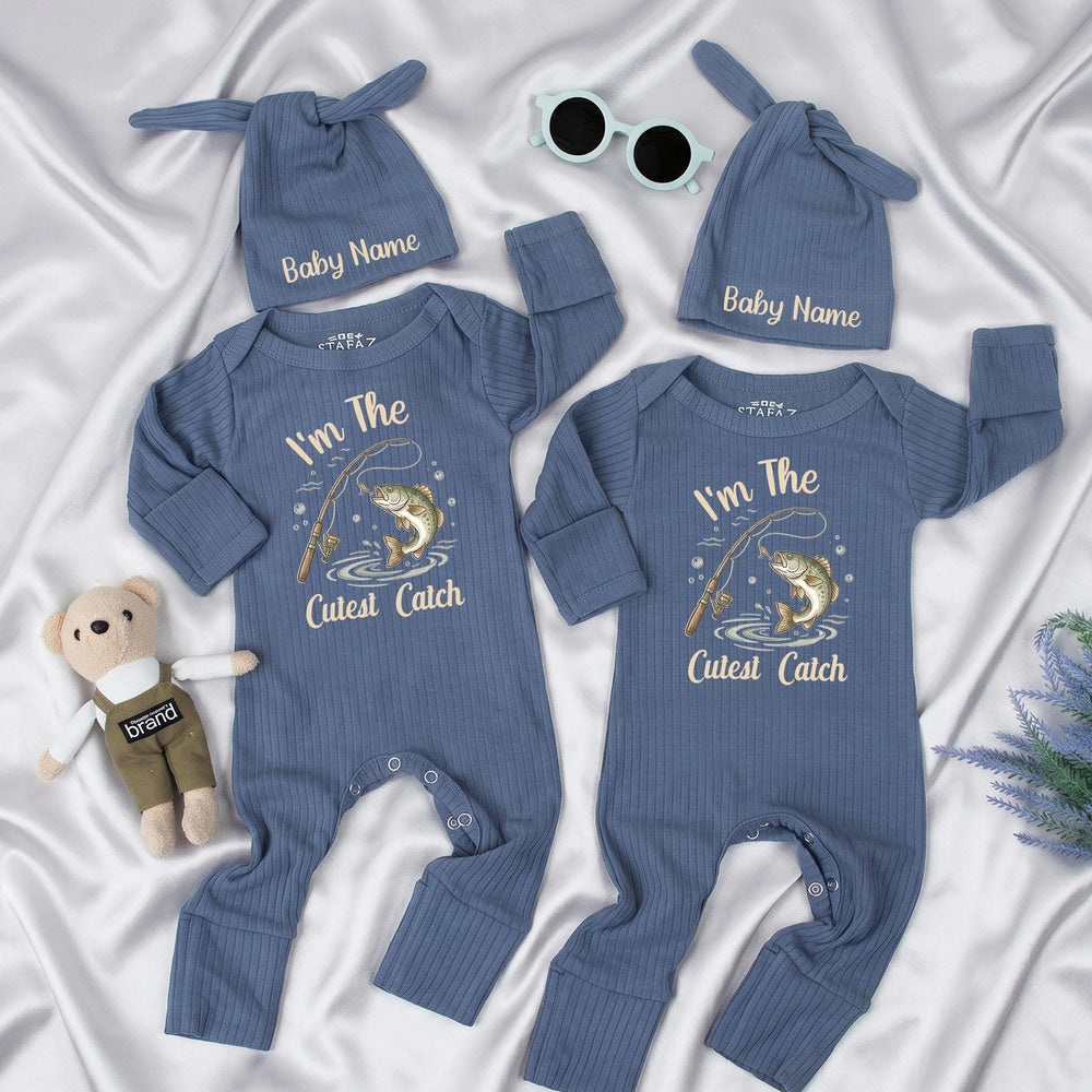 I'm The Cutest Catch Personalized Newborn Fishing Romper and Hat Set Baby Boy or Girl Outfit with Custom Name Rustic Hospital Gift