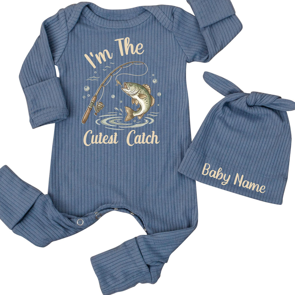 I'm The Cutest Catch Personalized Newborn Fishing Romper and Hat Set Baby Boy or Girl Outfit with Custom Name Rustic Hospital Gift