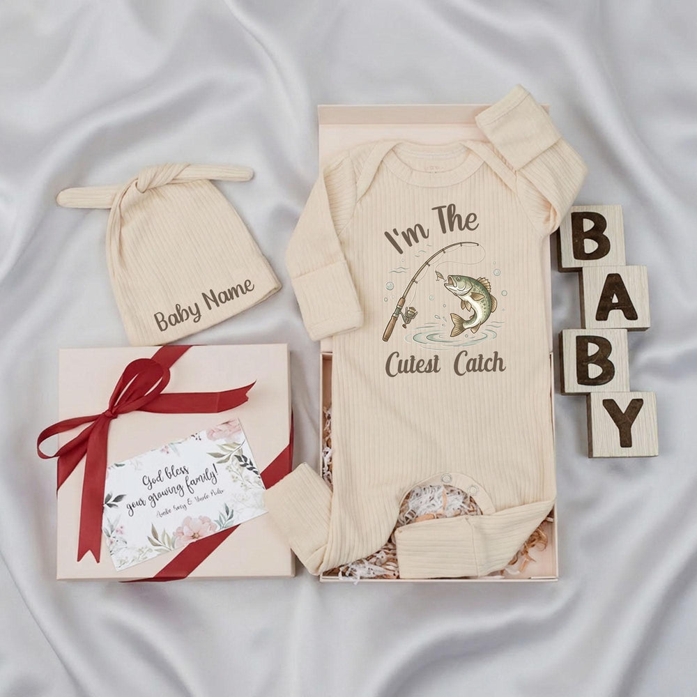 I'm The Cutest Catch Personalized Newborn Fishing Romper and Hat Set Baby Boy or Girl Outfit with Custom Name Rustic Hospital Gift