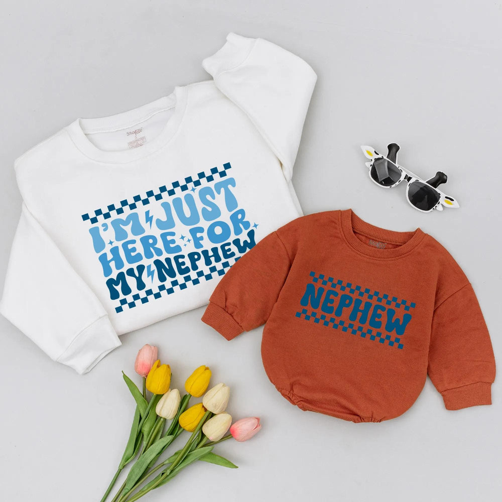I'm Just Here for My Nephew Matching Retro Sweatshirts, Custom Aunt and Nephew Outfit, Trendy Gift for New Aunts, Cute Family Shirts