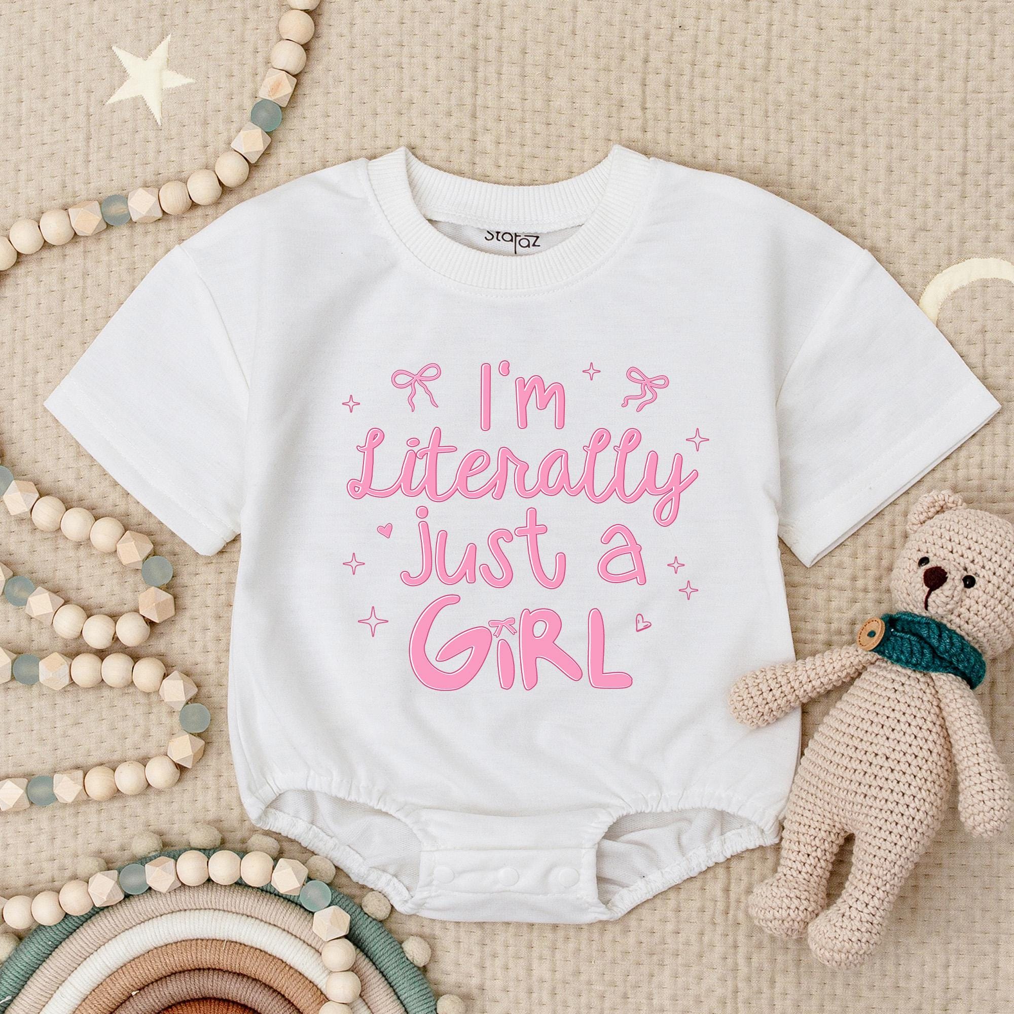 I'm Literally Just A Girl Baby Romper with Cute Bows Stars Pink Purple Gift for Girls Gender Reveal Birthday Party Outfit