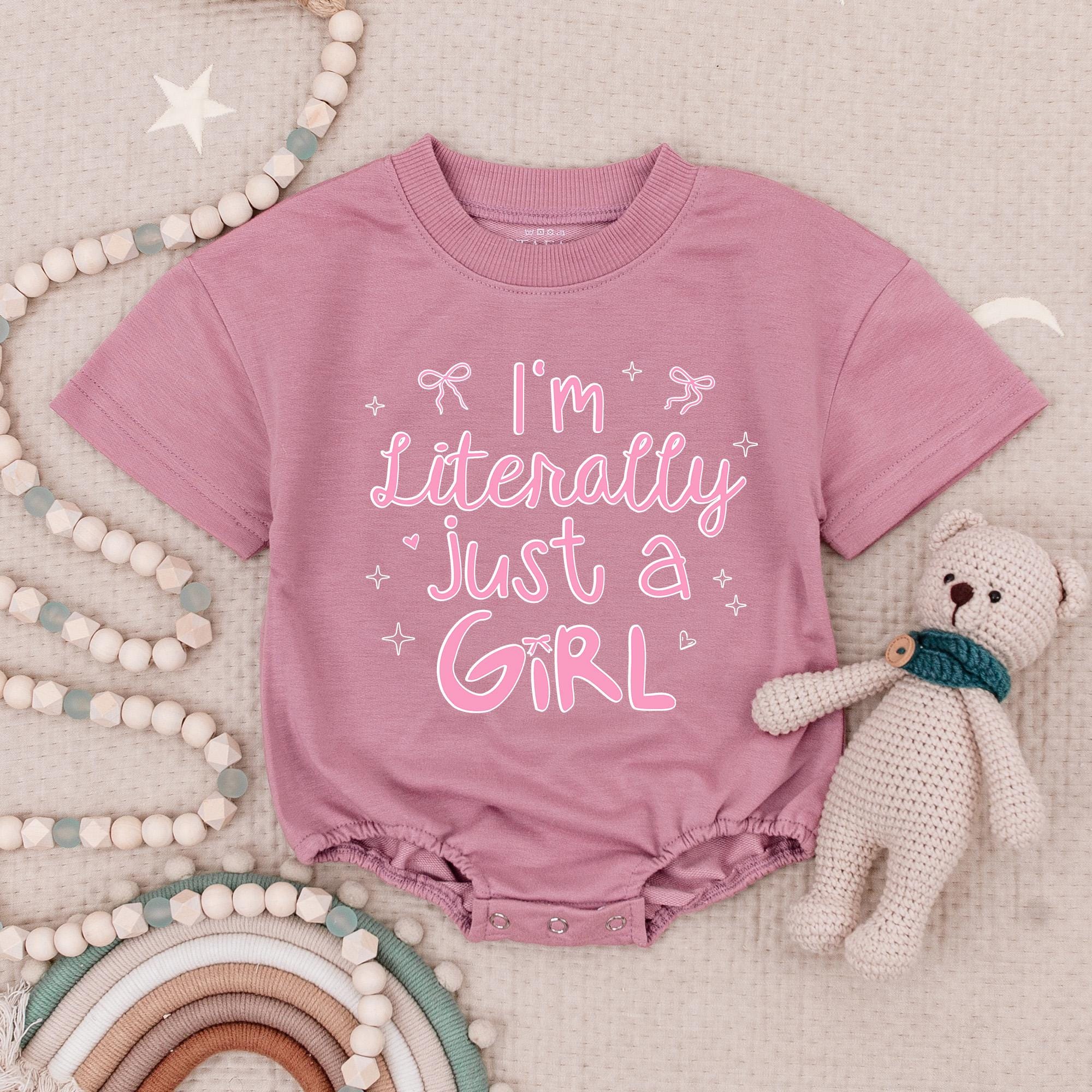 I'm Literally Just A Girl Baby Romper with Cute Bows Stars Pink Purple Gift for Girls Gender Reveal Birthday Party Outfit