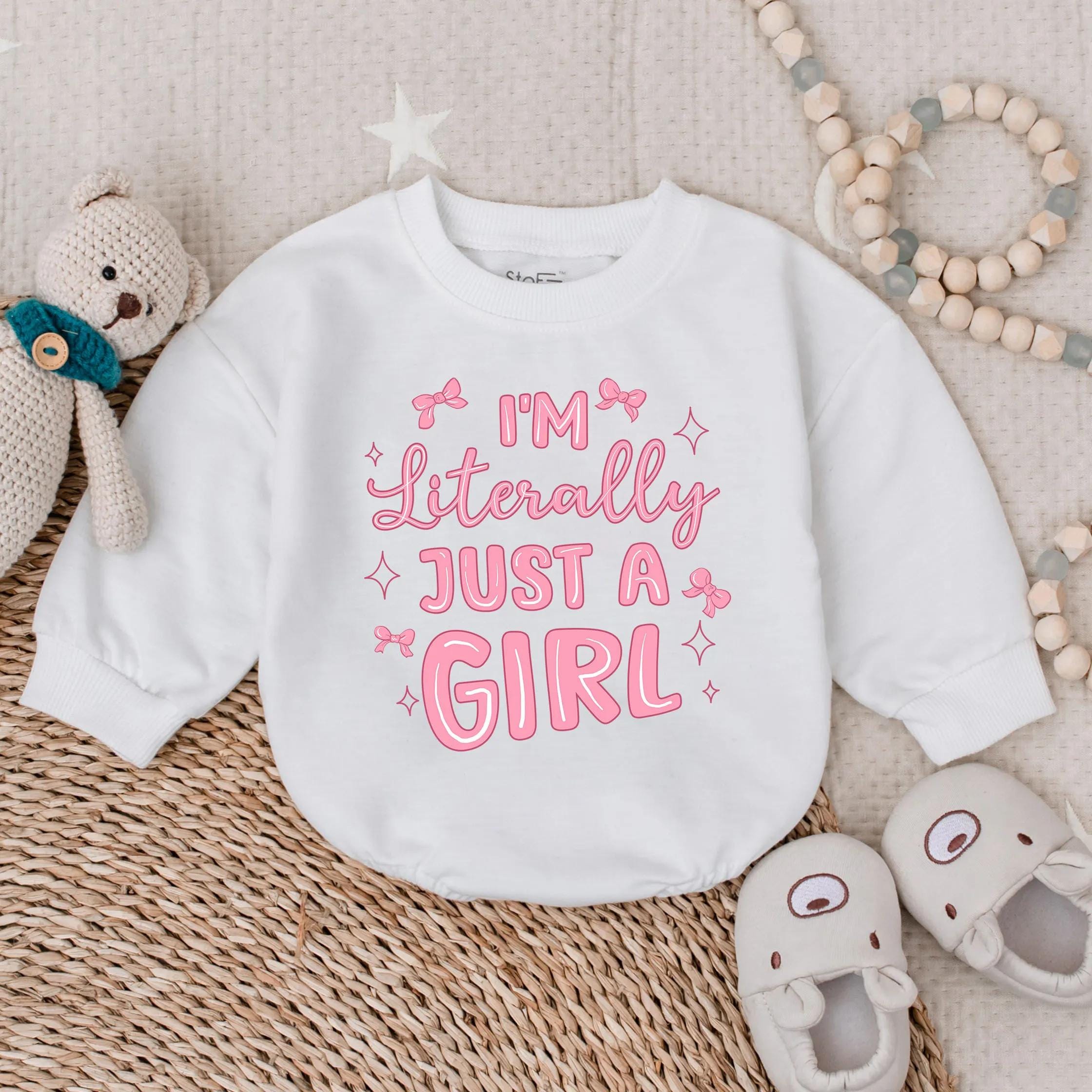 I'm Literally Just A Girl Long Sleeve Romper Fun Baby Girl Outfit Cute Pink Design Sparkles Bows Soft Cotton Newborn Gift Summer Clothes