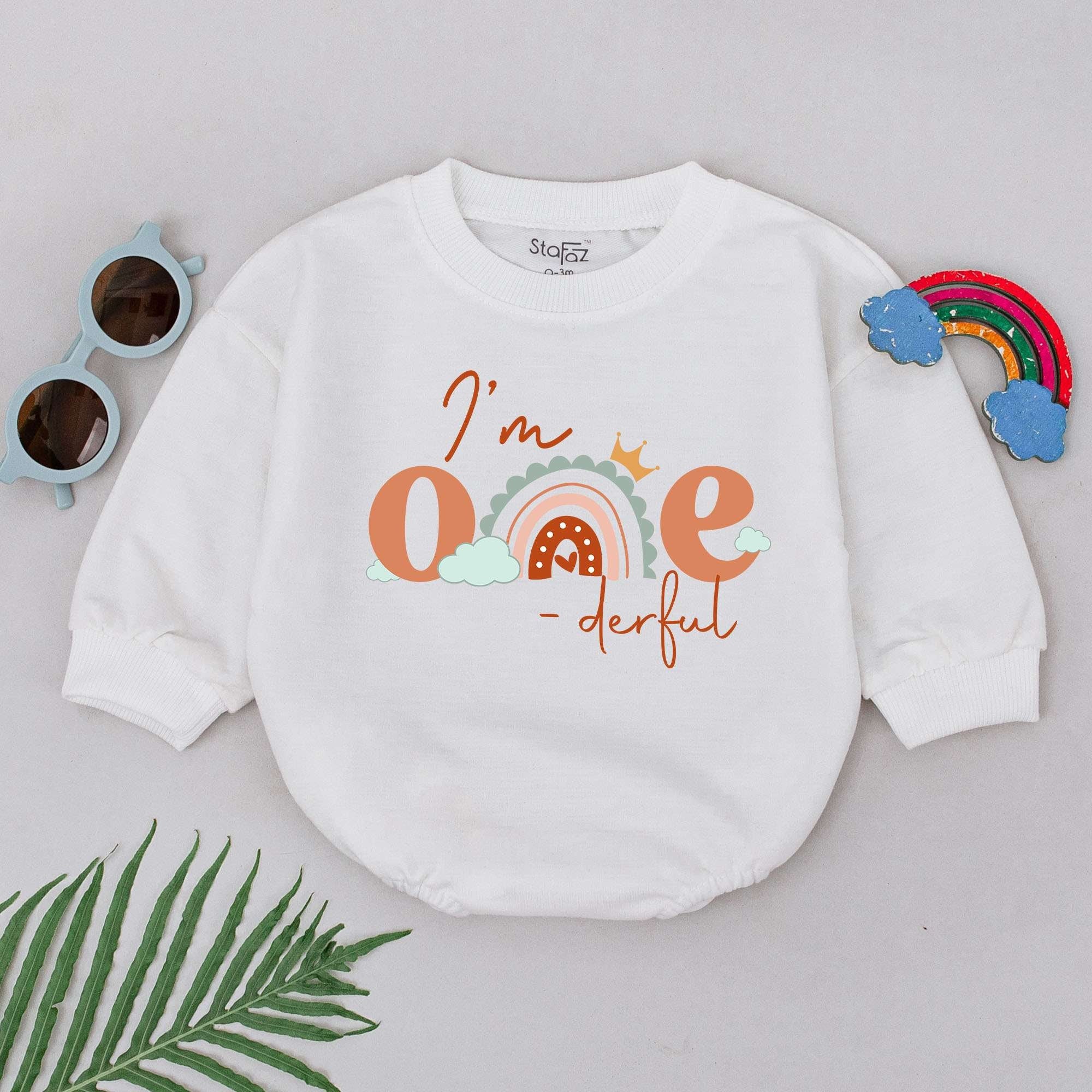 I'm One-derful Pastel Rainbow Birthday Romper for Baby Girls First Birthday Outfit Soft Clouds Stars Design Cotton Celebration Gift