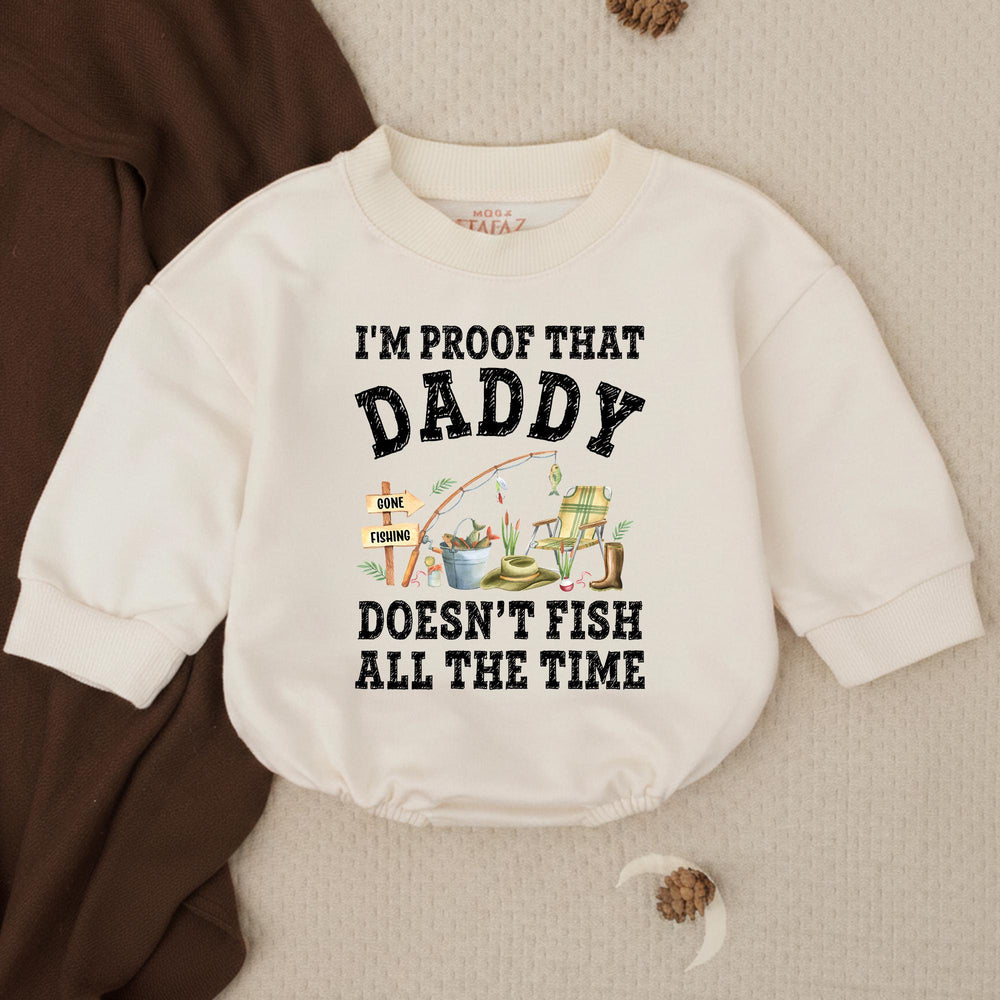 I’m Proof Daddy Doesn’t Fish All the Time Baby Romper Cute Outfit for Boys Distressed Black Text with Watercolor Fishing Scene Design
