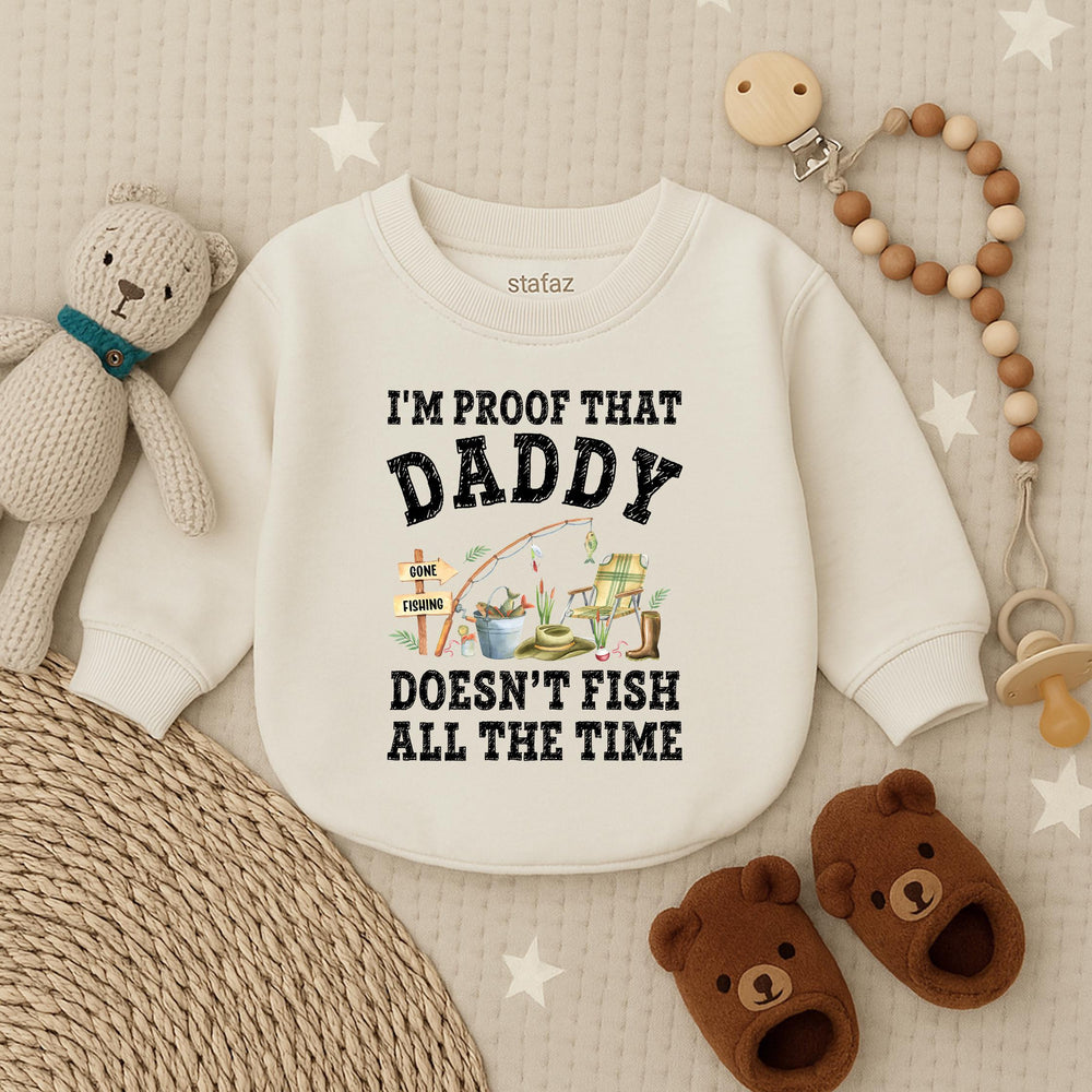 I’m Proof Daddy Doesn’t Fish All the Time Baby Romper Cute Outfit for Boys Distressed Black Text with Watercolor Fishing Scene Design