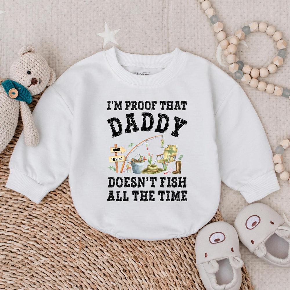 I’m Proof Daddy Doesn’t Fish All the Time Baby Romper Cute Outfit for Boys Distressed Black Text with Watercolor Fishing Scene Design