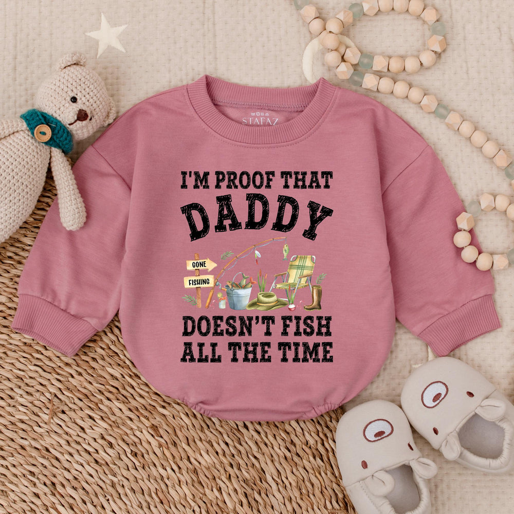 I’m Proof Daddy Doesn’t Fish All the Time Baby Romper Cute Outfit for Boys Distressed Black Text with Watercolor Fishing Scene Design