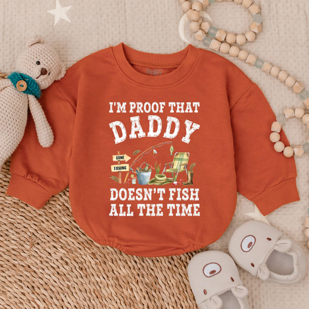 I’m Proof Daddy Doesn’t Fish All the Time Baby Romper Cute Outfit for Boys Distressed Black Text with Watercolor Fishing Scene Design