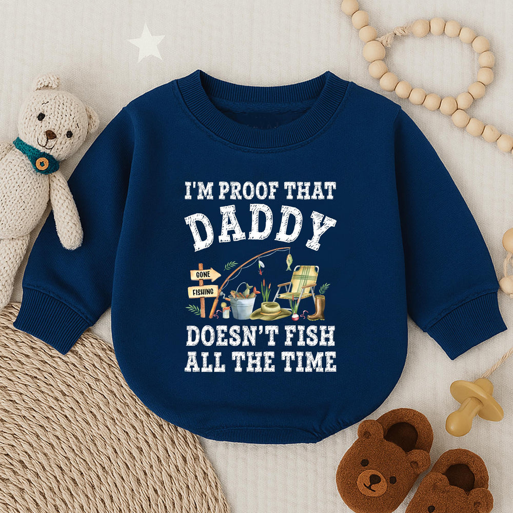I’m Proof Daddy Doesn’t Fish All the Time Baby Romper Cute Outfit for Boys Distressed Black Text with Watercolor Fishing Scene Design