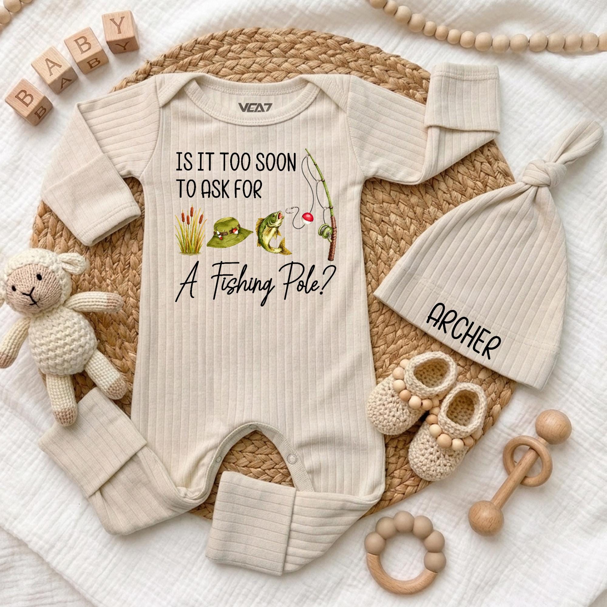 Is It Too Soon to Ask for a Fishing Pole Baby Bodysuit with Frog & Fishing Rod Design, Custom Name Hat, Cute Baby Shower Gift