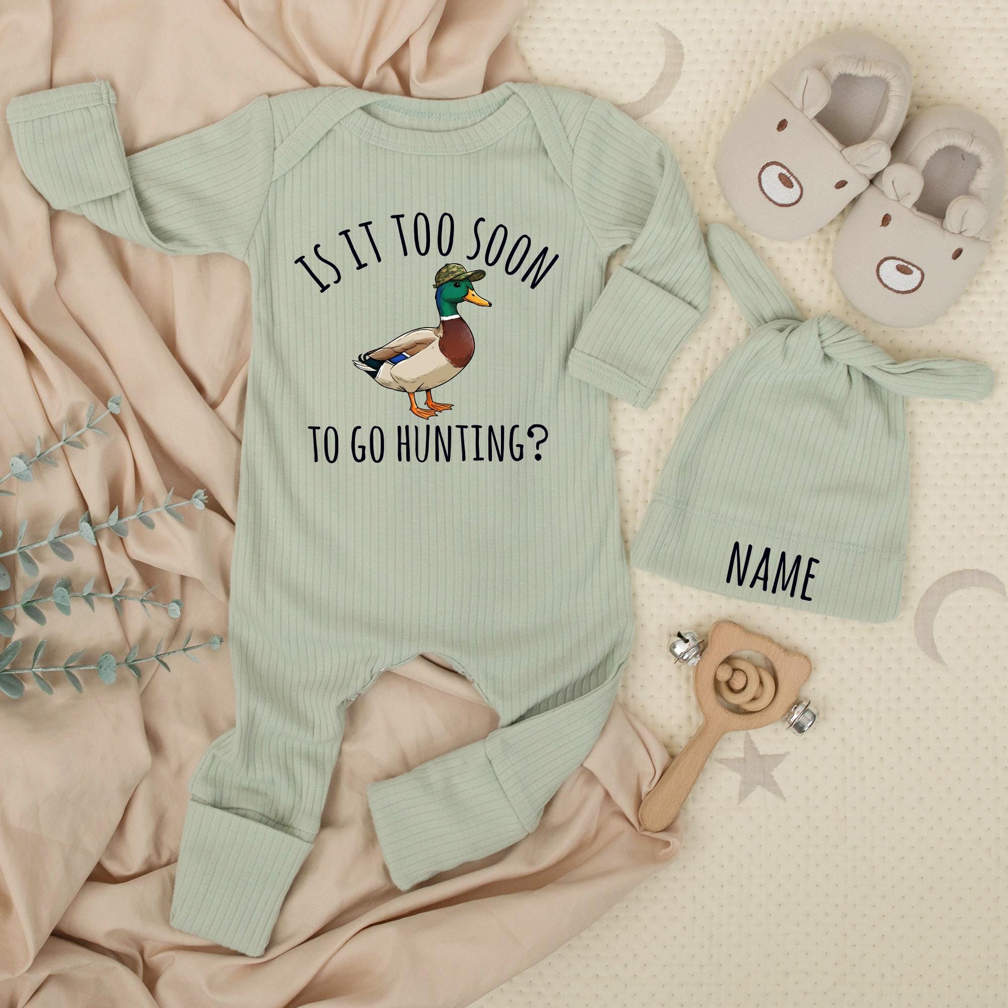 Is It Too Soon To Go Hunting Baby Bodysuit and Hat Set with Mallard Duck Design, Personalized Newborn Gift for Little Hunter Boys or Girls