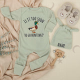 Custom Baby Romper and Hat Set with Mallard Duck Print - 'Is It Too Soon To Go Hunting?' - Soft Cotton Newborn Outfit for Baby Showers