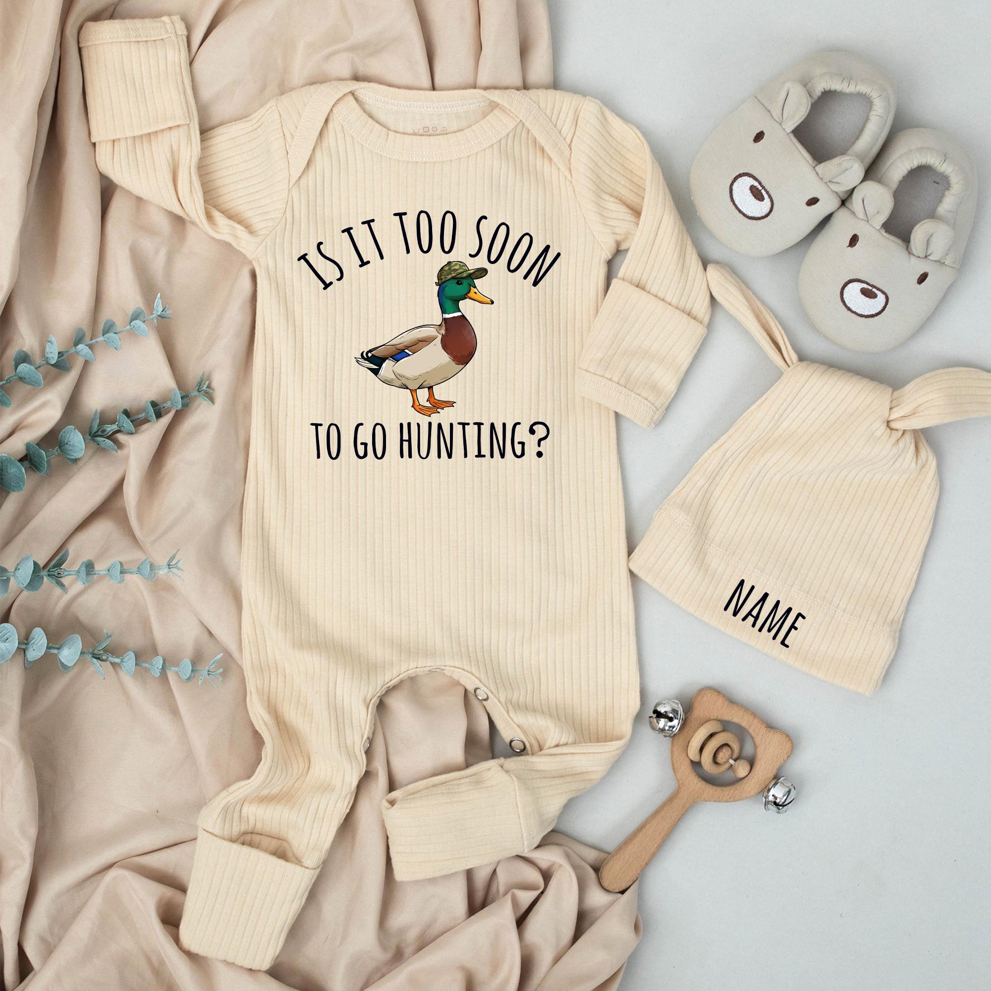 Is It Too Soon To Go Hunting Baby Bodysuit and Hat Set with Mallard Duck Design, Personalized Newborn Gift for Little Hunter Boys or Girls