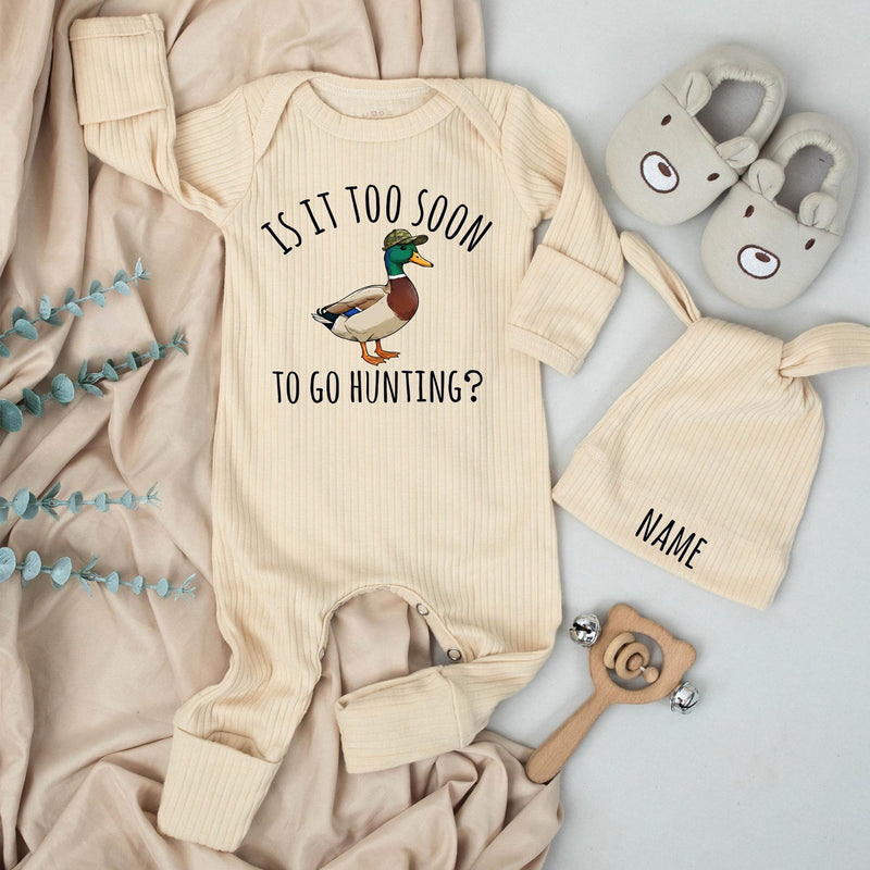 Custom Baby Romper and Hat Set with Mallard Duck Print - 'Is It Too Soon To Go Hunting?' - Soft Cotton Newborn Outfit for Baby Showers