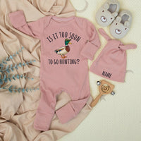 Custom Baby Romper and Hat Set with Mallard Duck Print - 'Is It Too Soon To Go Hunting?' - Soft Cotton Newborn Outfit for Baby Showers