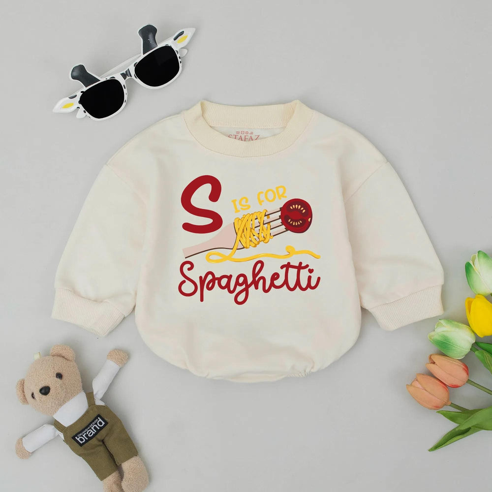 S is for Spaghetti Baby Romper with Cartoon Fork and Noodles Fun Foodie Infant Outfit Italian Toddler Clothes Cute Baby Shower Gift
