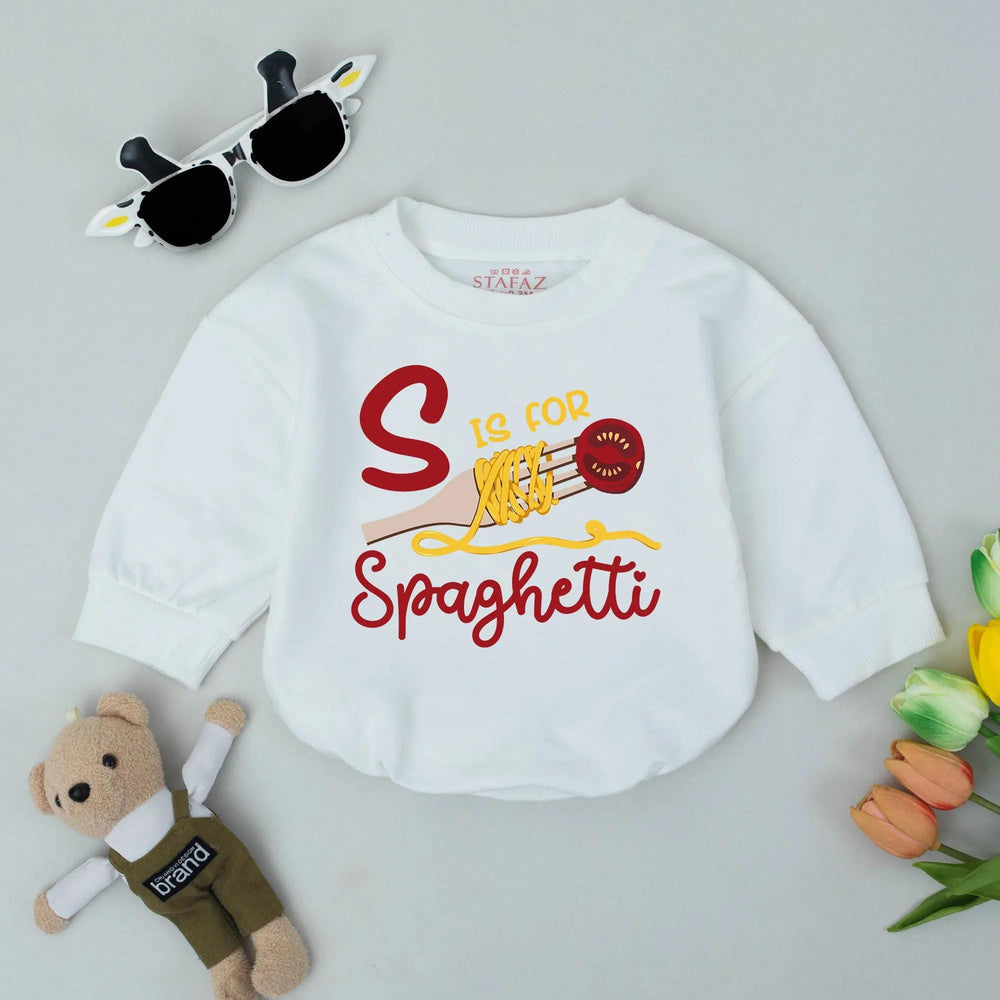 S is for Spaghetti Baby Romper with Cartoon Fork and Noodles Fun Foodie Infant Outfit Italian Toddler Clothes Cute Baby Shower Gift